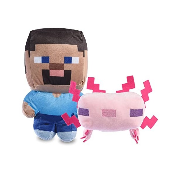 Minecraft for Pets Lot de 2 jouets couineurs en peluche Steve et Leucistic Axolotl pour chiens | Produits sous licence offici