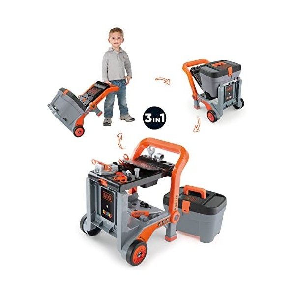 Smoby - BLACK+DECKER - Diable + Boite 3 en 1 - Jouet Bricolage Enfant - Se Transforme en Etabli - 19 Accessoires - 360202