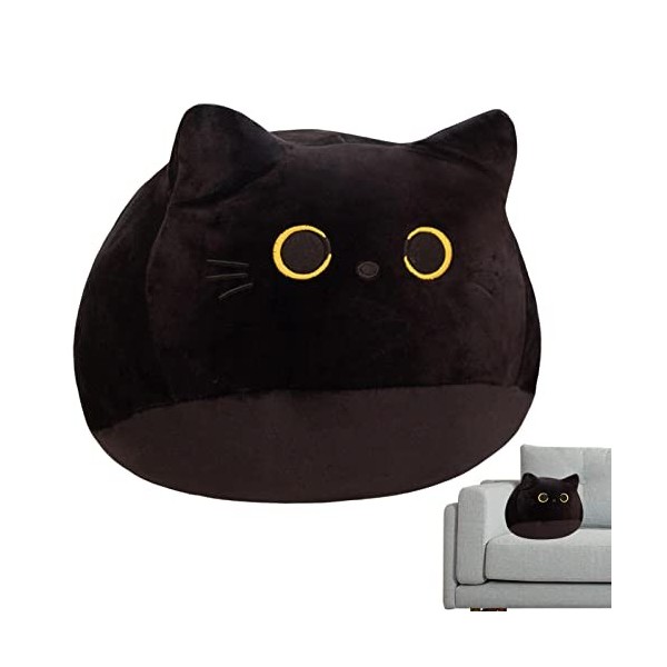 Upquuen Oreiller en peluche en forme de chat noir – Adorable peluche en forme de chat noir unique fait à la main pour décorat