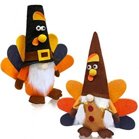 TURNMEON Lot de 2 nains de dindon dautomne en peluche avec chapeau de pèlerin et queue de pèlerin pour maison, automne, ferm