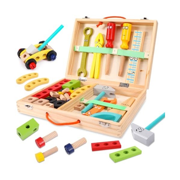 Jouet à partir de 3 ans, cadeau garçon/fille de 5 ans, coffret à outils pour enfants jouets en bois avec boîte en bois, jouet