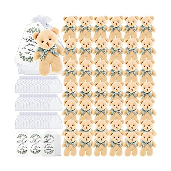 Wettarn Lot de 50 petits ours en peluche pour fête prénatale - 12,9 cm - Avec étiquettes de remerciement et sacs en maille po