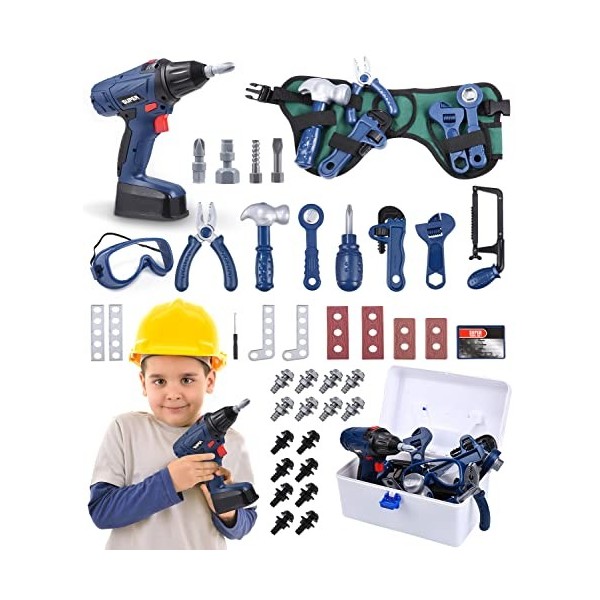 Pairez Toys Ensembles d'outils de jeu Pairez Toys pour les enfants de 3 à 5  ans, meuleuse d'angle réaliste, clé anglaise, marteau, tournevis, boîte à