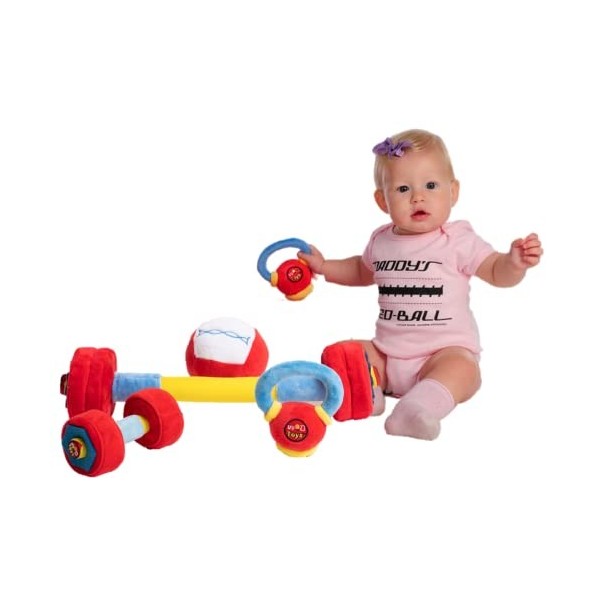 WOD Toys® Jouet de fitness en peluche pour bébé avec hochet et sons sensoriels – Sûr, doux et durable, exercice et haltérophi