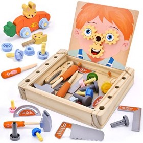 Atoylink Caisse à Outil en Bois Enfant, Portable Boîte à Outils Malette Outils avec Outil Enfant, Jeux Montessori Établis Jou
