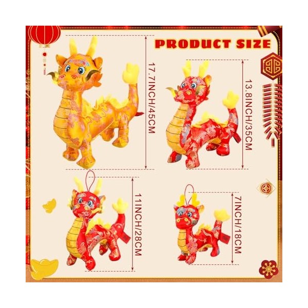 Shappy Lot de 4 décorations du Nouvel An chinois 2024 - Dragon en peluche - Poupée mascotte du zodiaque chinois - Animaux en 