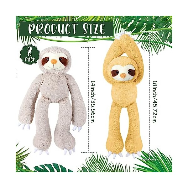 Lot de 8 paresseux en peluche à suspendre de 45,7 cm avec crochet et boucle pour garçons et filles gris, marron foncé, marro