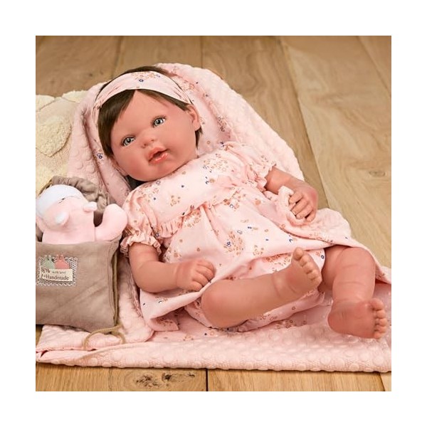 Arias - Poupée Reborn 45 cm Esther Bébé avec Cheveux, Vêtements Rose de Fleurs, avec Couverture, Peluche, Sac Multi-Usage, Té