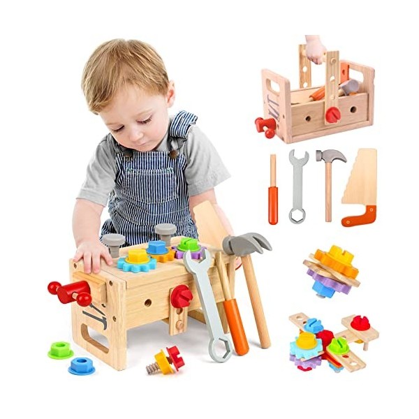 XIAPIA Boîte à Outils Jouets, Jouet en Bois Enfant 2 3 4 5 6 Ans, Jeux Montessori Enfants, DIY Jeux de Construction Éducatif 