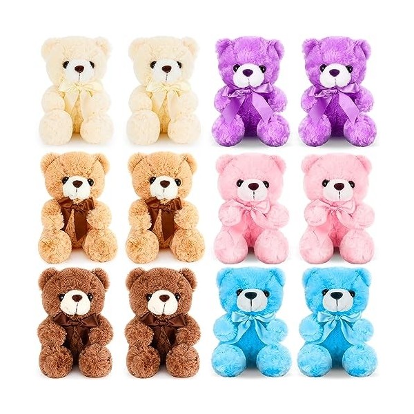 Lot de 12 petits ours en peluche en vrac avec nœud en ruban - 22,9 cm - Cadeaux de fête danniversaire, de mariage, de Noël 