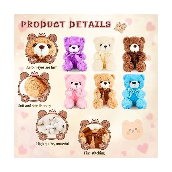 Lot de 12 petits ours en peluche en vrac avec nœud en ruban - 22,9 cm - Cadeaux de fête danniversaire, de mariage, de Noël 