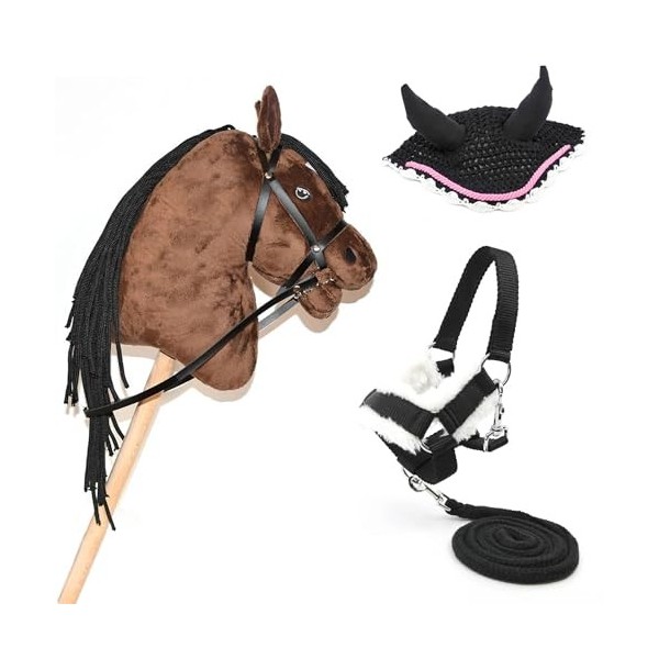 Hobby Horse Marron Bai + Licol, Longe et Bonnet Noir Liseret Rose - Cheval bâton avec Accessoire