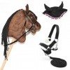 Hobby Horse Marron Bai + Licol, Longe et Bonnet Noir Liseret Rose - Cheval bâton avec Accessoire