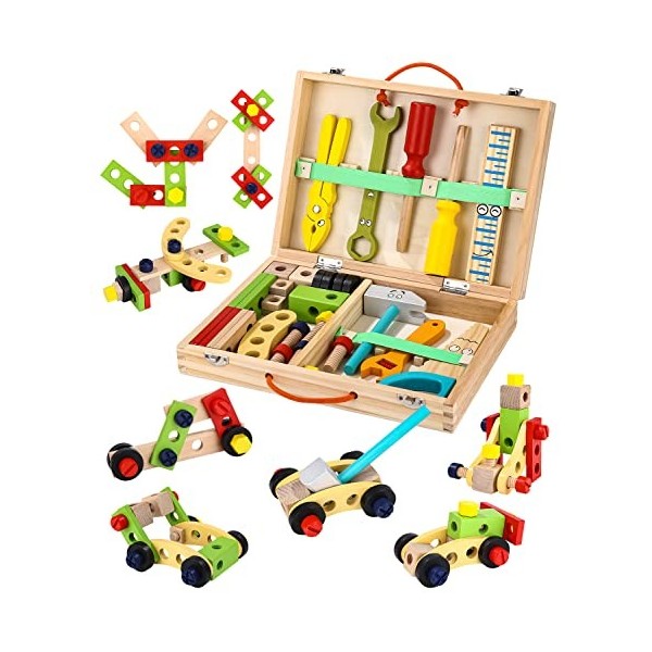 Jouets Garçon de 3 Ans et Plus, Jouets de Construction Bricolage, Boîtes à Outils en Bois, Jouets Cadeaux pour nfants de 3 4 