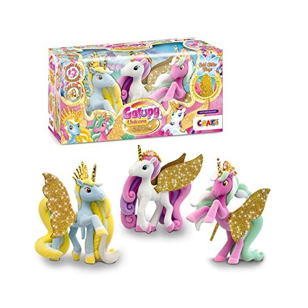 GALUPY Unicorn Gold Edition - Pack de 3 Figurines Licornes à Collectionner avec Ailes dorées & Cristal Swarovski, Idée Cadeau