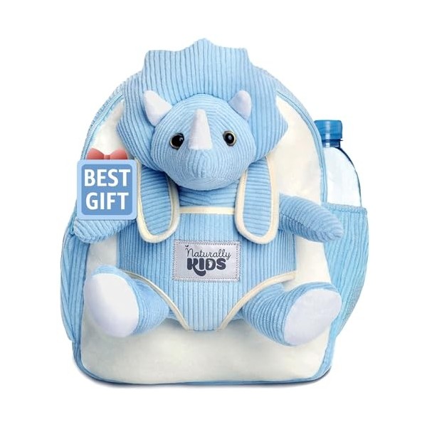 Naturally KIDS Moyen Sac à Dos avec Dinosaure Blue Peluche pour Enfants 3 4 5 ans - Sac à Dos Maternelle avec Poches Extérieu