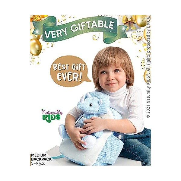 Naturally KIDS Moyen Sac à Dos avec Dinosaure Blue Peluche pour Enfants 3 4 5 ans - Sac à Dos Maternelle avec Poches Extérieu