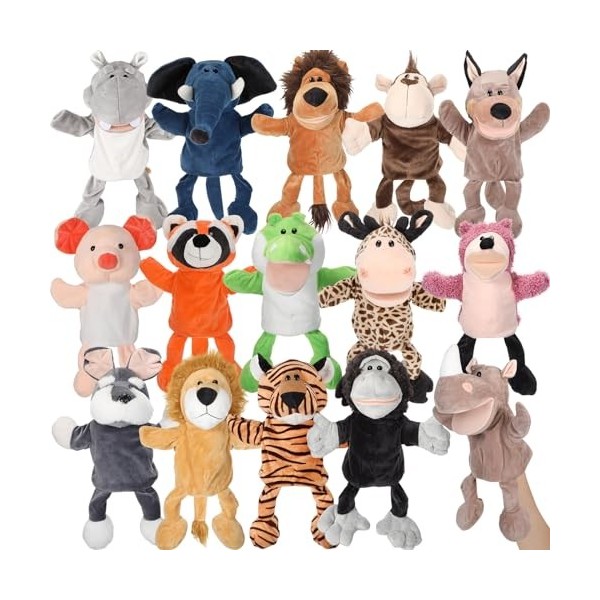 Wettarn Lot de 15 marionnettes à main en forme danimaux pour enfants en vrac en peluche douce avec bouche ouverte et mobile 