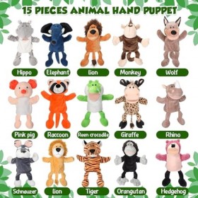 Wettarn Lot de 15 marionnettes à main en forme danimaux pour enfants en vrac en peluche douce avec bouche ouverte et mobile 