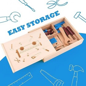 Nukdey Boîte à Outils en Bois avec Accessoires pour Enfants - Jouet en Bois pour la Motricité et lApprentissage des Enfants 