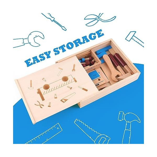 Nukdey Boîte à Outils en Bois avec Accessoires pour Enfants - Jouet en Bois pour la Motricité et lApprentissage des Enfants 