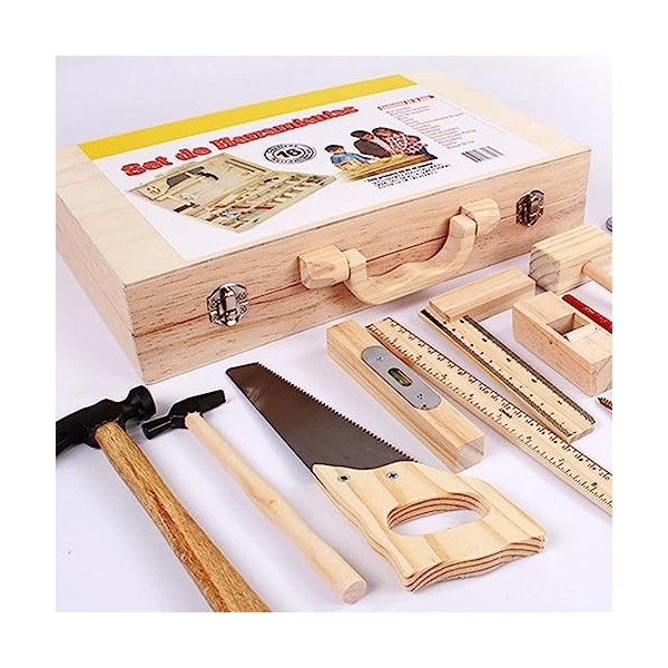 NUKied Ensemble doutils en bois pour enfants - Boîte à outils en bois - Jeu de rôle Montessori - Démontage - Jouets de const