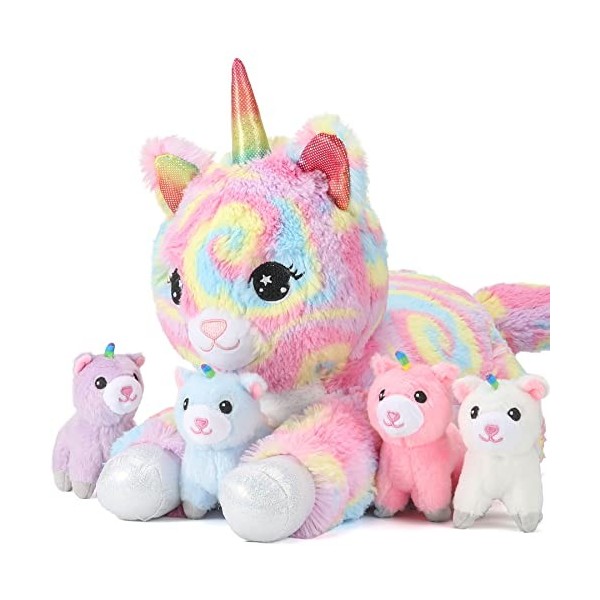 Peluche licorne en peluche pour filles, chat en peluche maman chat avec 4 jouets pour bébé, cadeau surprise 5 en 1