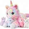 Peluche licorne en peluche pour filles, chat en peluche maman chat avec 4 jouets pour bébé, cadeau surprise 5 en 1