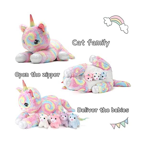 Peluche licorne en peluche pour filles, chat en peluche maman chat avec 4 jouets pour bébé, cadeau surprise 5 en 1