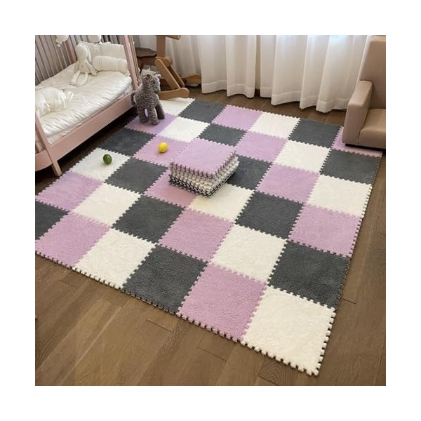 Tapis De Sol en Mousse en Peluche, Puzzle Coloré, avec Bordure, Carreaux De Tapis en Peluche Imbriqués De 30 Cm, Tapis De Jeu