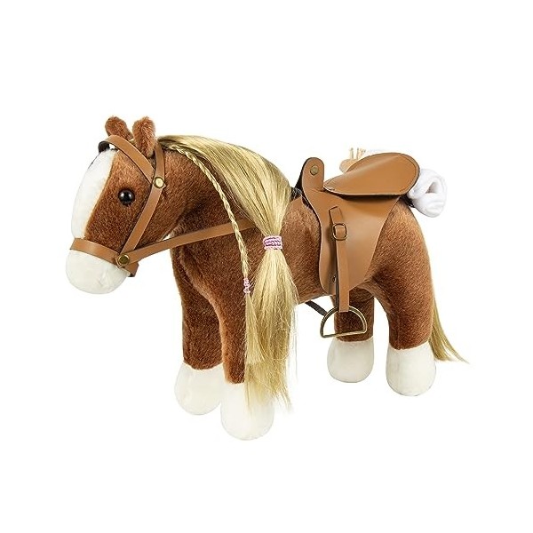 Jouet en peluche cheval avec poils dorés, peigne mignon, selle fine, parfait pour un anniversaire et Noël, beau poney Appaloo