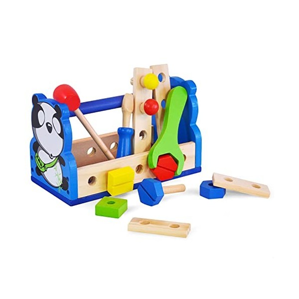 KUSARKO Boîte à outils pour enfants en bois avec accessoires, jouet de motricité DIY Cadeau pour enfants à partir de 3, 4, 5,