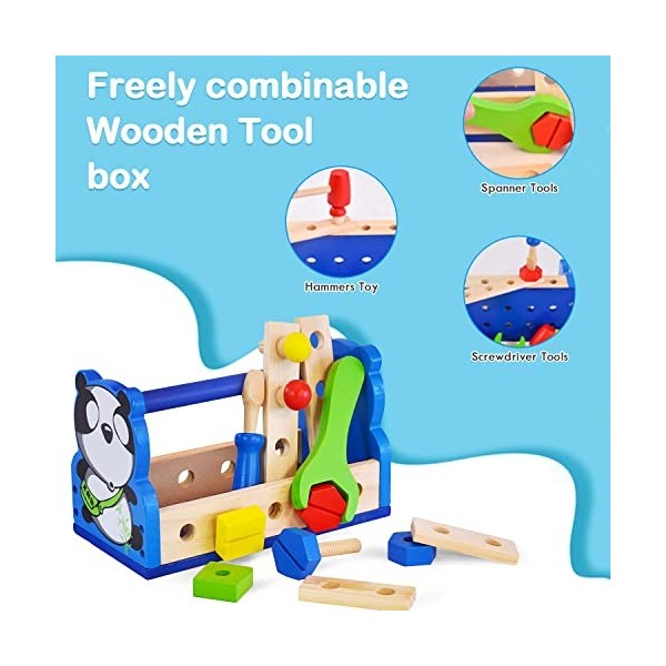 KUSARKO Boîte à outils pour enfants en bois avec accessoires, jouet de motricité DIY Cadeau pour enfants à partir de 3, 4, 5,