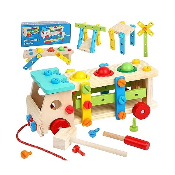 FORMIZON Jouet en Bois Outils Enfant, Boîte à Outils en Bois, Voiture Jouet en Bois, Jouet de Éducatifs Montessori pour Garço