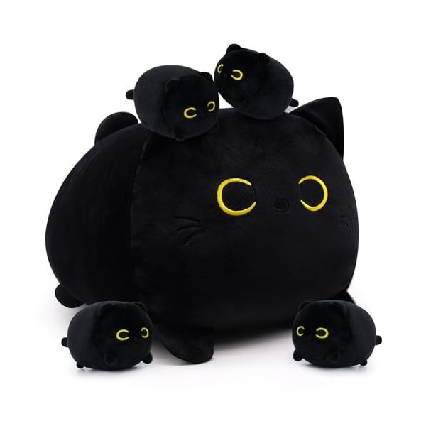 LSYDCARM Oreiller en peluche en forme de chat noir de 30,5 cm, poupée en peluche en forme de chat noir kawaii avec 4 chats no