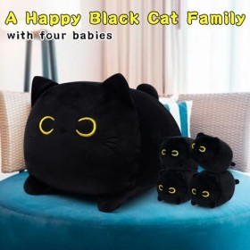 LSYDCARM Oreiller en peluche en forme de chat noir de 30,5 cm, poupée en peluche en forme de chat noir kawaii avec 4 chats no