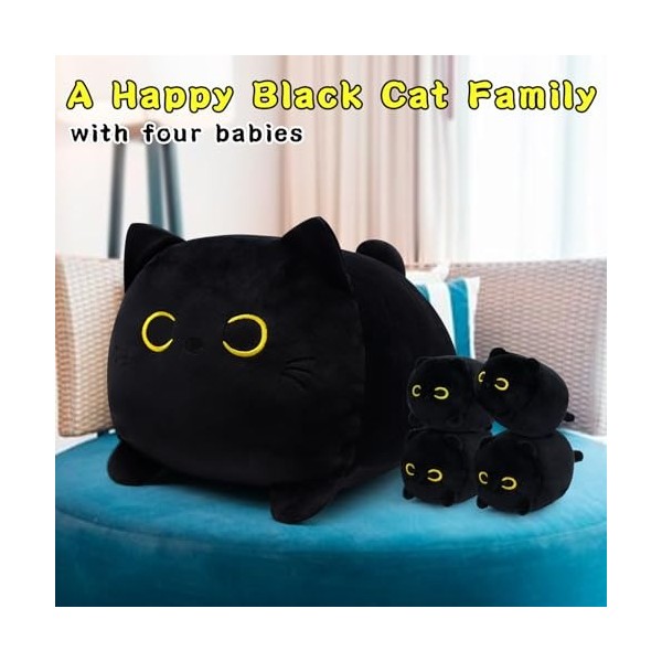 LSYDCARM Oreiller en peluche en forme de chat noir de 30,5 cm, poupée en peluche en forme de chat noir kawaii avec 4 chats no