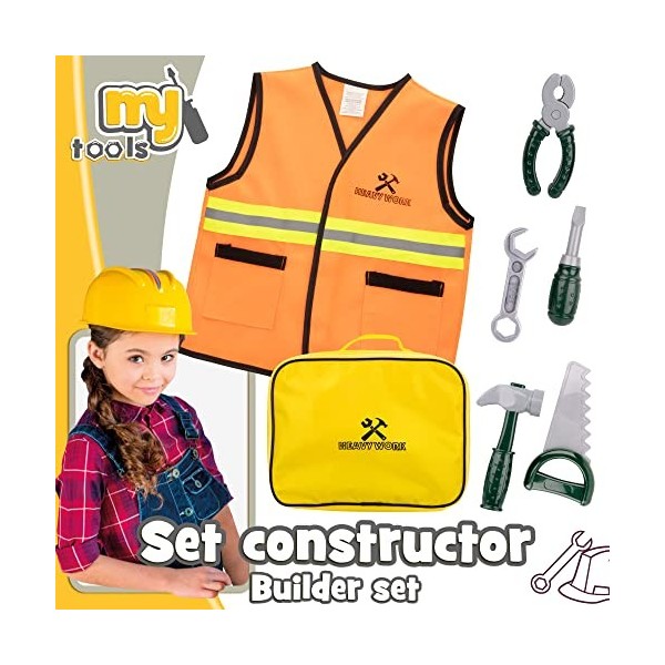 COLORBABY 49957 Ensemble doutils pour enfants avec gilet, mallette et 7 pièces My Tools/Outils de jouet, jeux de constructio