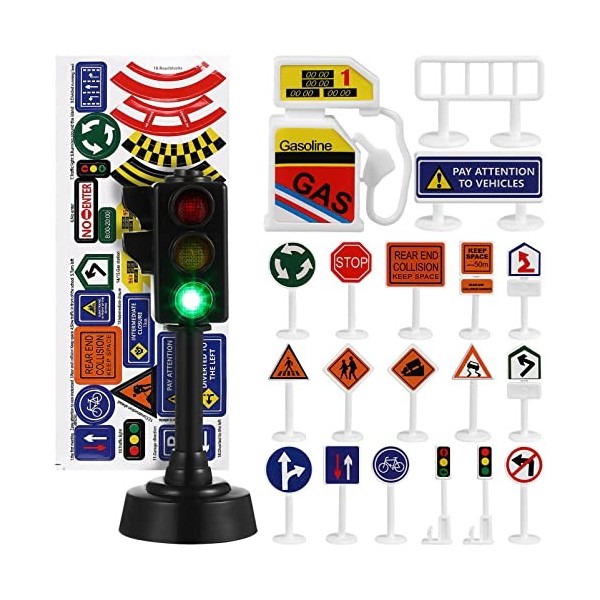 SAFIGLE Lot de 58 signaux de route, en plastique, pour enfants, feux de circulation, signaux, routes, colorés pour enfants, b