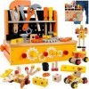 KIDWILL Boîtier doutils pour Enfants en Bois,54 Pièces équipées de Jouets de Construction 2 en 1 Table de Travail et Kits à 