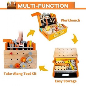 KIDWILL Boîtier doutils pour Enfants en Bois,54 Pièces équipées de Jouets de Construction 2 en 1 Table de Travail et Kits à 