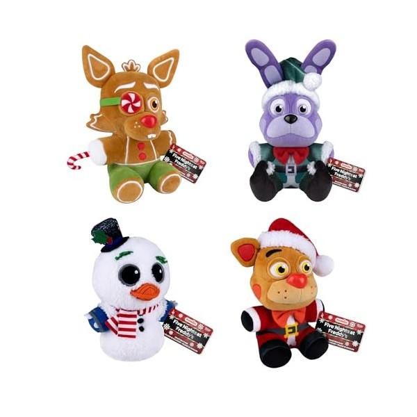 Funko Peluche FNAF Five Nights at Freddys – Lot de 4 – Holiday Elf Bonnie, Holiday Snowman Chica, Holiday Gingerbread Foxy e