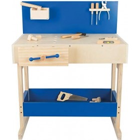 small foot 10839 Etabli en bois naturel et bleu, avec grand plan de travail et outils, à partir de 8 ans - version allemande
