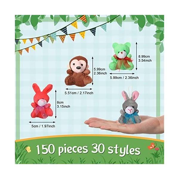 Lot de 150 mini jouets en peluche en vrac - Porte-clés décoratif pour petit animal en peluche de 6,1 cm - Assortiment de joue