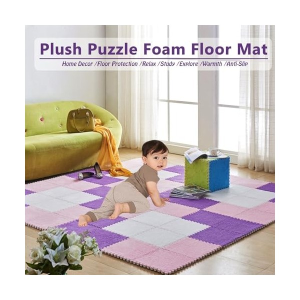 Tapis De Sol en Mousse Puzzle en Peluche 50 Pièces, Carreaux De Mousse Carrés Imbriqués Doux Et Moelleux, Petits Tapis, Carre