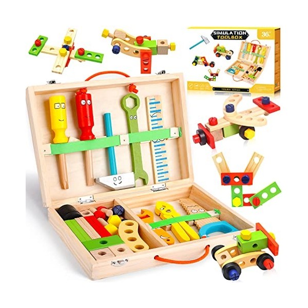 Purpledi 34 Pièces Jouets en Bois Boite a Outil Enfant, Boite a Outil Enfant DIY 3D Jeux de Construction, Caisse a Outil Enfa