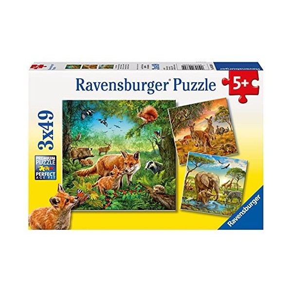 Ravensburger- Pack de 3 Puzzles Animaux Monde 49 pièces, 09330