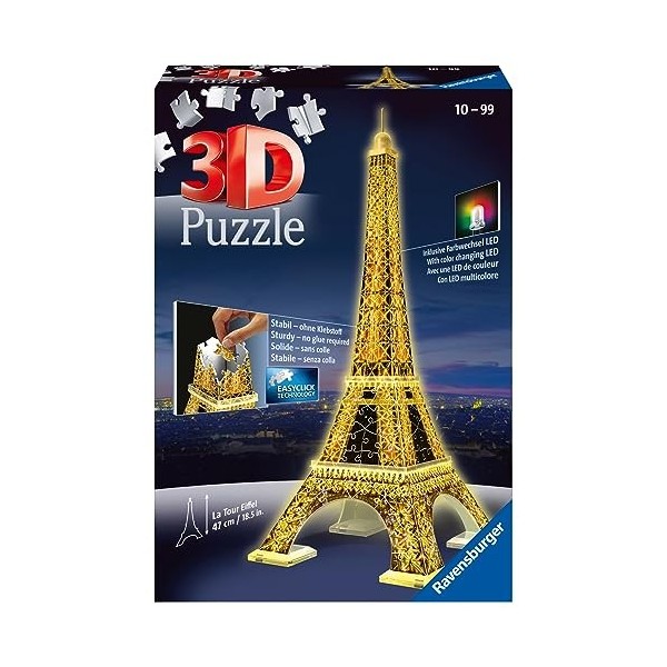 Ravensburger - Puzzle 3D Building - Tour Eiffel illuminée - A partir de 10 ans - 226 pièces numérotées à assembler sans colle