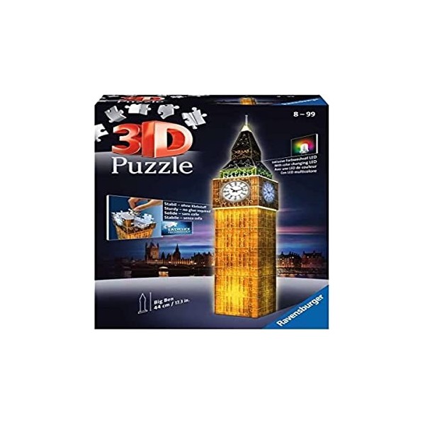 Ravensburger - Puzzle 3D Building - Big Ben illuminé - A partir de 8 ans - 216 pièces numérotées à assembler sans colle - Acc