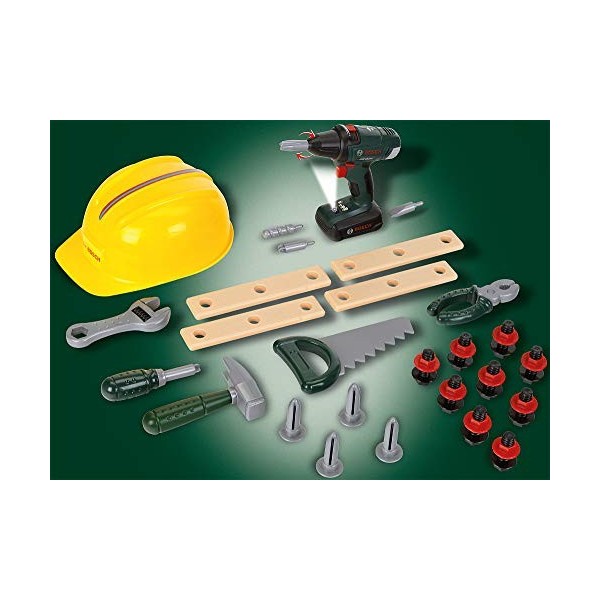 Theo Klein 8417 Bosch craftsman set I Cordless Screwdriver with light & sound I with Tools and Construction Worker Helmet I T